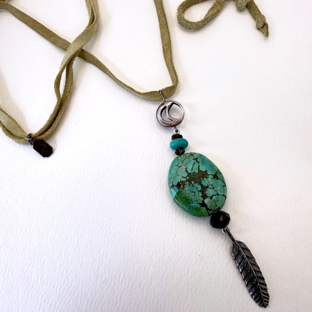 Mignon Faget Sterling Silver Turquoise Slab Feather Moon Suede Cord Necklace